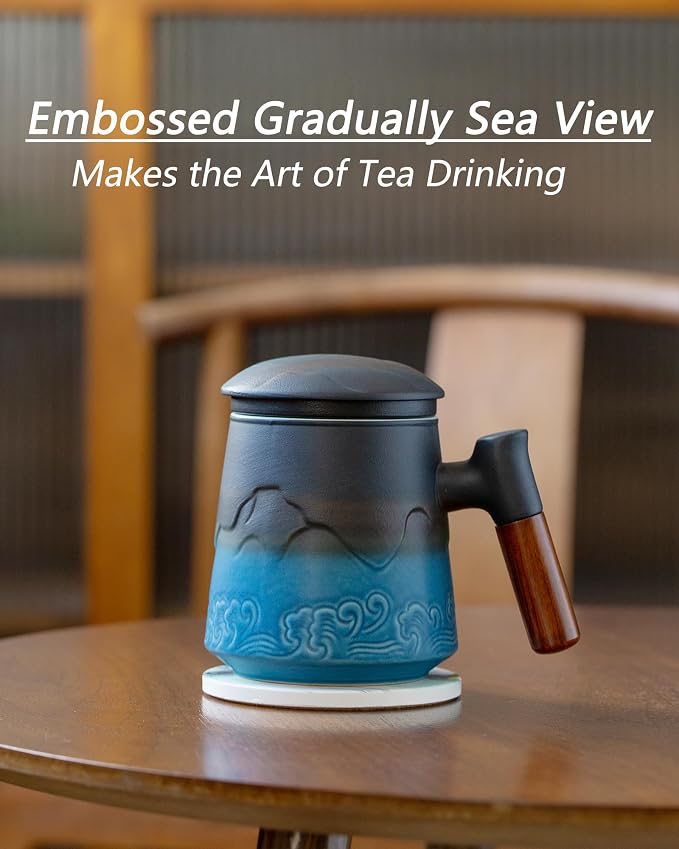 ZENS Tea Cup with Infuser and Lid & Coaster for Tea Steeper, 15oz Blue | Embossed Ceramic Tea Infuser Mug for Loose Leaf Tea Difussers, Tea Lovers Gifts, Nature Wood Handle