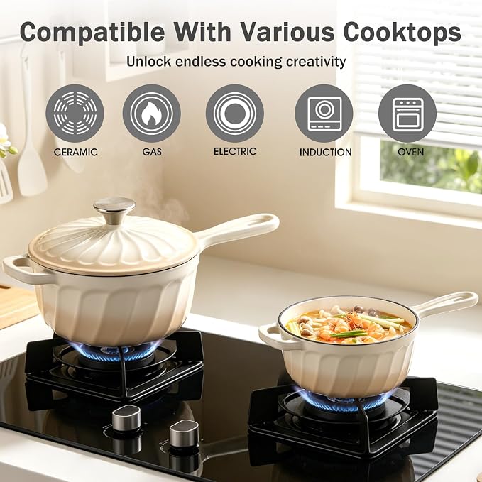Enameled Cast Iron Sauce Pan with Lid, 1 Quart Saucepan with Lid | Dutch Oven with Lid, Small Cast Iron Pot for Cooking Pasta, Soup, Milk, Induction & Oven Safe Up to 500°F, Caramel White