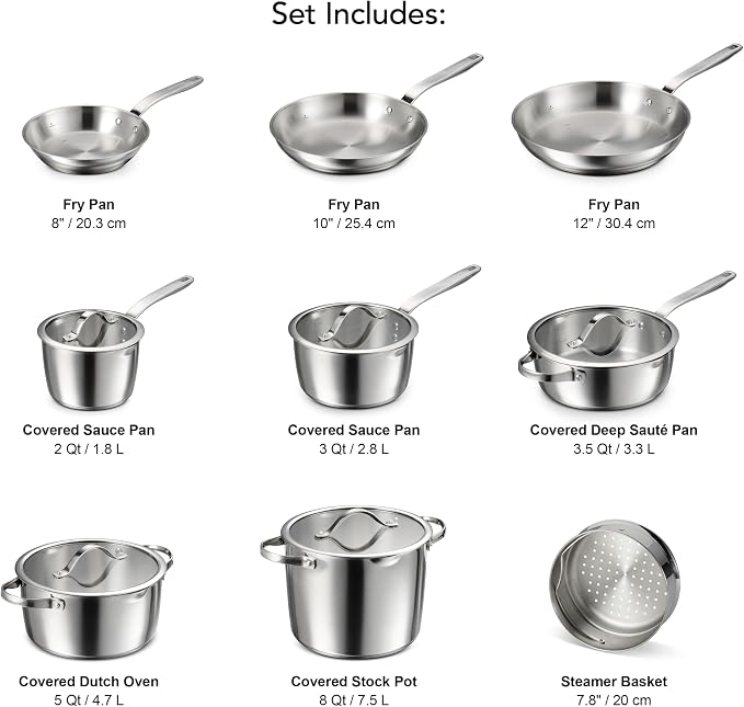 Tramontina Tempo Tri-Ply Base Stainless Steel 14-Piece Pots and Pans Set | Induction-Ready Cookware Set with Lids, Oven-Safe, Dishwasher-Safe