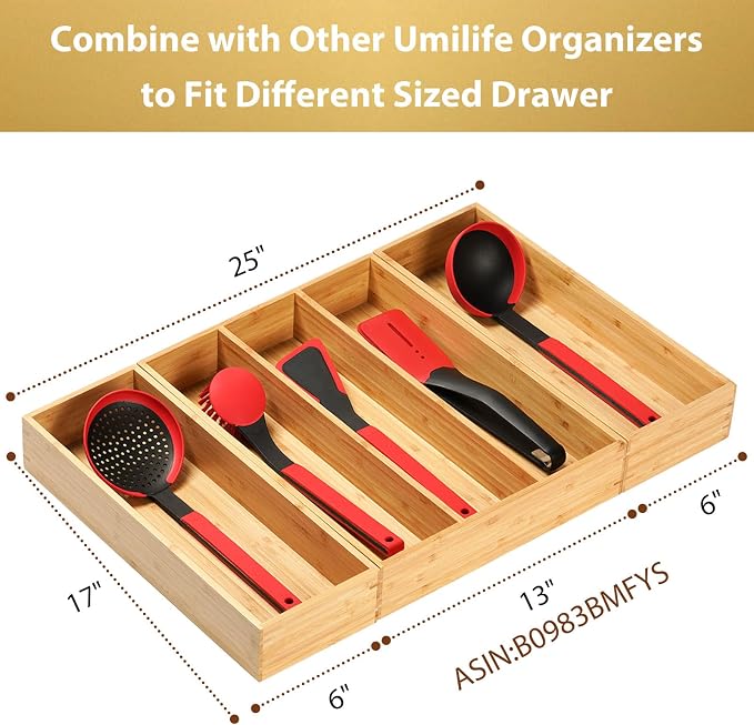 Bamboo Kitchen Utensils Organizer, Extra Long High Silverware Drawer Holder, Flatware Cutlery Storage Box, Multi-Use Drawer Divider in Office, Bathroom, Pantry - 17"x6"x2.5" (Set of 2)
