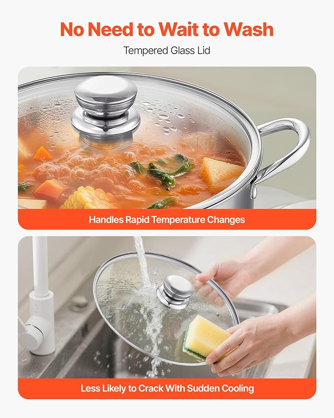 VEVOR Stainless Steel Stock Pot, 12QT Stainless Steel Stockpot with Glass Lid, PFOA-Free, PFAS-Free, Compatible with Gas Stoves, Induction Cooktops, Electric Stoves, for Soups, Stews, and Pasta