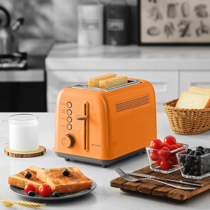 BUYDEEM DT620 2-Slice Toaster, 7 Shade Settings, Extra Wide 1.5'' Slots for Bagel & English Muffin, 6 Toasting Functions, Retro Stainless Steel Toaster with High Lift Lever, Orange