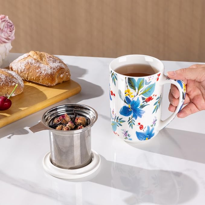AmorArc Tea Cup With Infuser and Lid, 18oz Loose Leaf Tea Mug With Steeper | Porcelain Tea Mug With Infuser and Lid, Large Strainer Tea Cup with Lid for Tea, Coffee Mug for House-warming Birthday Gift