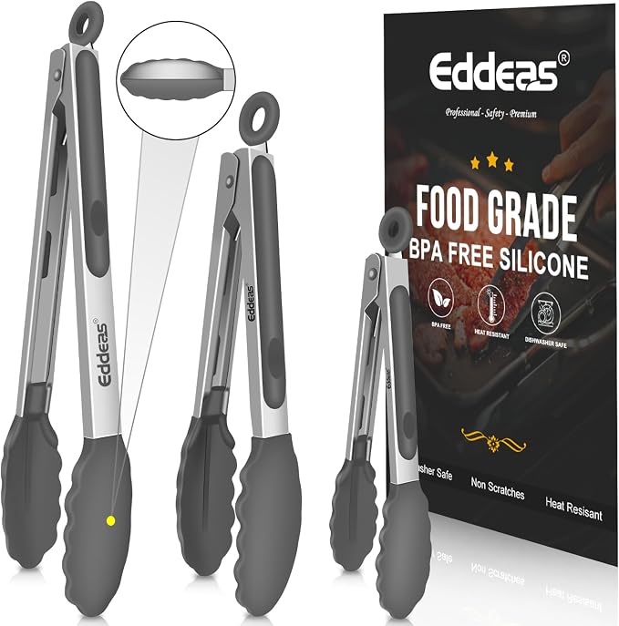 Kitchen Tongs Up To 600°F Silicone Tongs for Cooking 7,9,12 in Grey | Heat Resistant 600 Degrees,Heavy Duty Stainless Steel Locking Tong for Cooking with Silicone Tips Non-Stick Grey