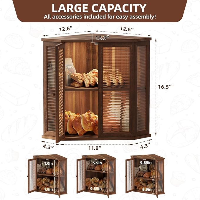 Corner bread box Bread Box for Kitchen Countertop - Corner Bread Storage Box 16.51" H, Premium Wood with Glass Door, Perfect for Homemade Bread, Baguettes & Pastries (Acacia brown)