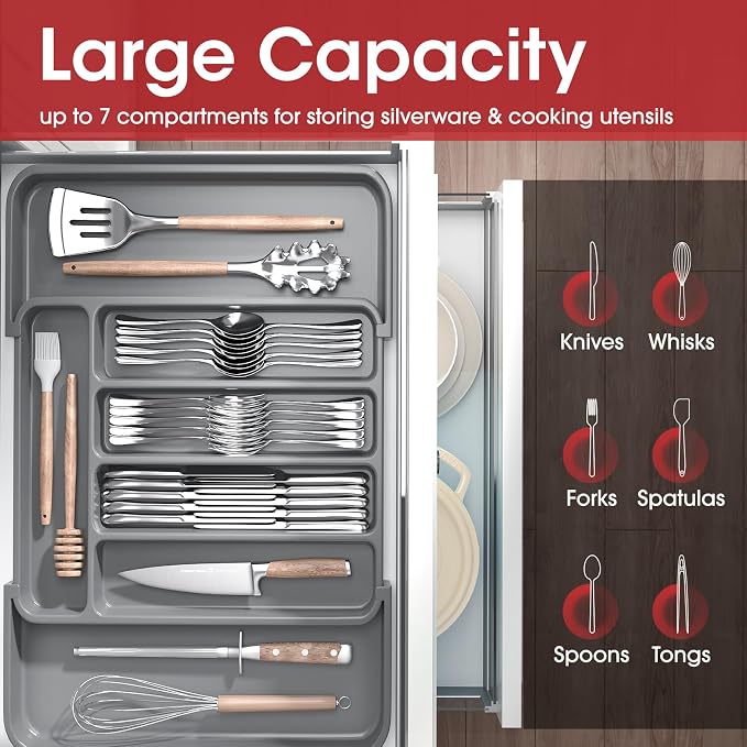 Aujen Silverware Drawer Organizer, Adjustable Utensil Cutlery Tray | Expandable Kitchen Organizer for Forks Knives, Multipurpose Kitchen Storage, Apartment Essentials, Grey, Medium