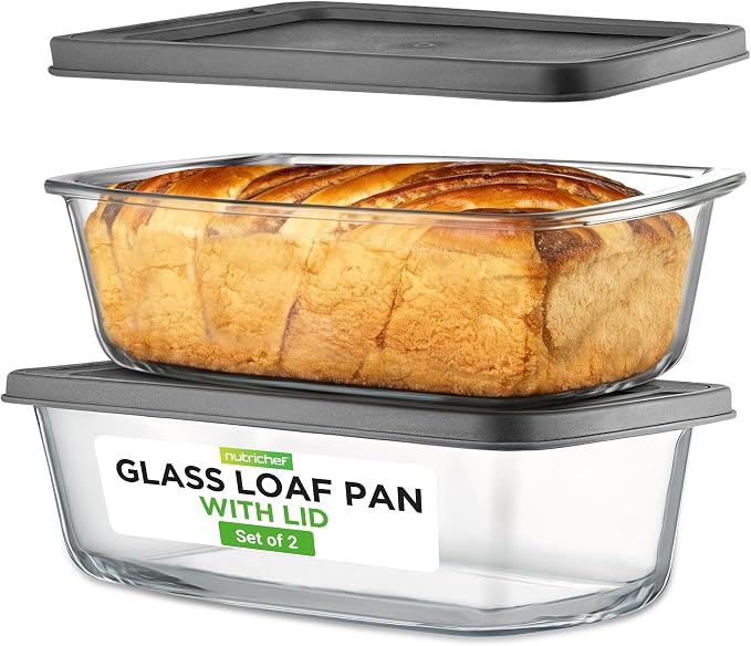 NutriChef 4 Piece Glass Loaf Pan Set with Lids - Stackable 1.9 QT/62oz Glass Bread Baking Dishes - 2 Food Storage Containers + 2 Airtight Lids, Oven & Microwave Safe, Dishwasher Safe - Clear