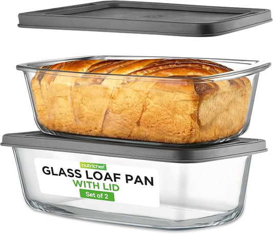 NutriChef 4 Piece Glass Loaf Pan Set with Lids - Stackable 1.9 QT/62oz Glass Bread Baking Dishes - 2 Food Storage Containers + 2 Airtight Lids, Oven & Microwave Safe, Dishwasher Safe - Clear