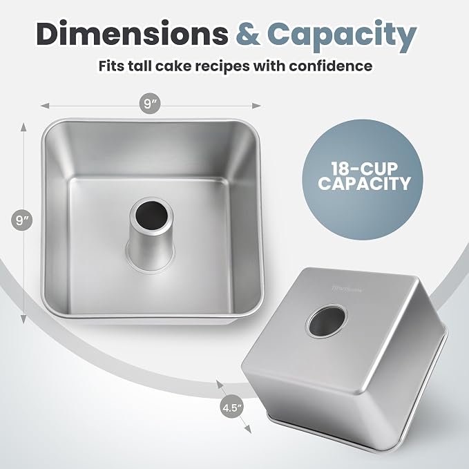 One-Piece Square Tube Cake Pan, 18 Cup, Anodized Aluminum, 9 x 9 x 4.5 in, Seamless Design, Easy Release, Even Heat, for Angel Food, Chiffon, Sponge, Mile High & Pound Cakes