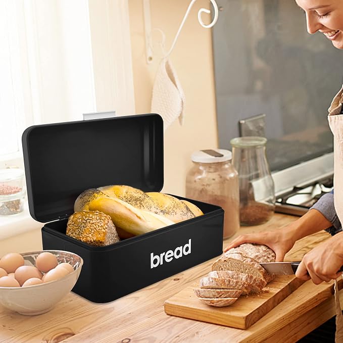 E-far Vintage Bread Box for Kitchen Countertop, Black Metal Bread Storage Container Retro Bread Bin for Pastries/Loaves/Dry Food, Large Capacity & Modern Design (16.7” x 9” x 6.4”)