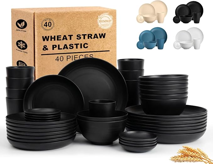 Plates and Bowls Sets for 8, Wheat Straw Dinnerware Sets 40 Piece, Unbreakable & Lightweight Dishes Set for 8, Microwave Safe Kitchen Dishes, Kitchen Essentials for New Apartment - Black