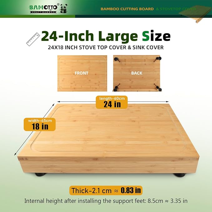 BAMOTTO CRAFTBAMBOO 24 x 18 Inch Extra Large Bamboo Cutting Board — Stovetop Cover, Over the Sink Board, Noodle Board, Butcher Block with Detachable Legs & Non-Slip Lip, Juice Groove