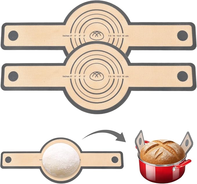 Silicone Bread Sling for Dutch Oven, 2 PCS Round Sourdough Baking Mat, Reusable Dutch Oven Liners with Extra Long Heat-Resistant Handles, Non-Stick Easy Clean Transfer Sling for Sourdough Bread (Gray)