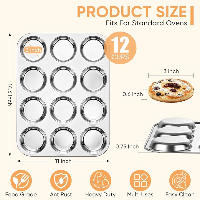 TeamFar Muffin Top Pan, 12 Cavity Stainless Steel Shallow Cupcake Pan | Muffin Tin for Baking Yorkshire Pudding, Whoopie Pie, Egg Bite, Hamburger Bun, Non Toxic & Dishwasher Safe