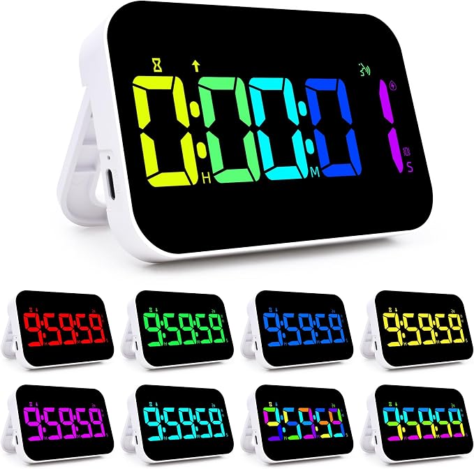Kitchen Timer （1.5" Number） 10 RGB Color Changing Digital Magnetic Timer, Countdown/Up, Rechargeabilit, 3 Brightness Display, 3 Volume Levels and Vibration Mode, for Classroom, Study, Fitness