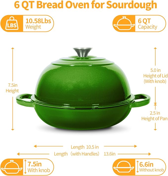6QT Enameled Cast Iron Green Dutch Oven For Sourdough Bread Baking | Dutch Oven Pot With Lid,Non-stick Sourdough Baking Pan with Bread Dome,Round Ceramic Dutch Oven Pot for Homemade