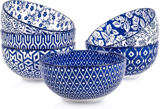 Selamica Ceramic Cereal Bowls Set of 6, 24 Oz Deep Soup Bowls for Kitchen | 5.9 Inch Dessert Bowls for Salad, Pasta, Oatmeal, Ramen, Microwave Dishwasher Safe, Vintage Blue