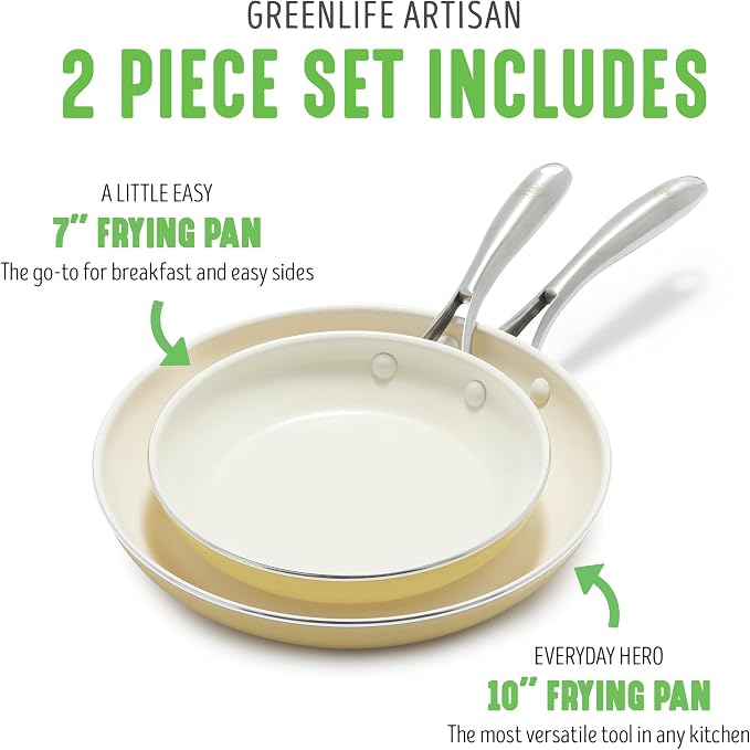 GreenLife Artisan Healthy Ceramic Nonstick, 8" and 10" Frying Pan Skillet Set, Stainless Steel Handle, Induction, PFAS-Free, Dishwasher Safe, Oven Safe, Yellow