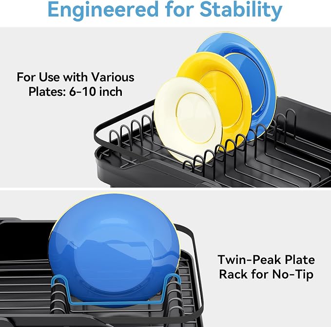 Urackify Expandable Dish Drying Rack for Small Kitchen Counter, Matte Black | Adjustable Capacity, Countertop-Stay-Dry Drainboard, Heavy-Duty Steel, Stable Plate Rack, Spave Saving for Apartment,RV,Dorms