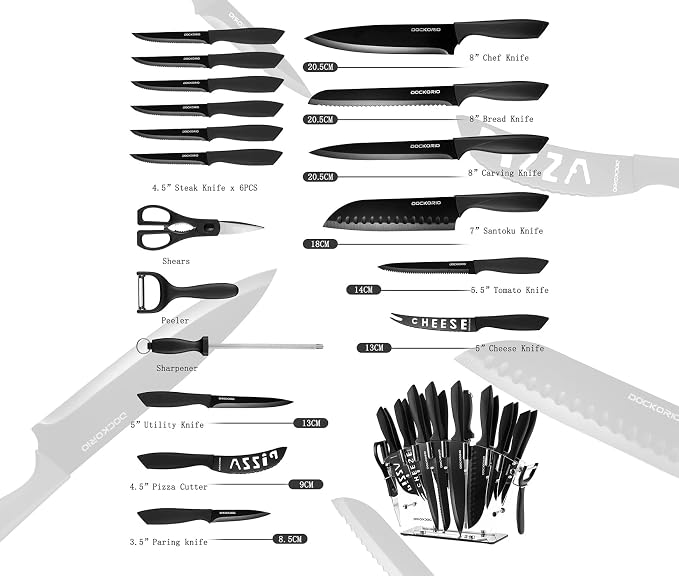 Kitchen Knife Set 19 Piece with Block High Carbon Stainless | 19 piece black knife set with block, high carbon stainless steel, steak knives, chef knife, bread knife, scissors & sharpener