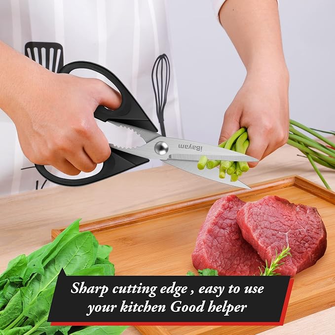 iBayam 8.7" All Purpose Kitchen Shears Heavy Duty with Protective Sheath | Built-In Bottle Opener, Durable Stainless Steel Scissors, Dishwasher Safe, Soft Grip Comfort Handle, Cooking, Food, Packaging