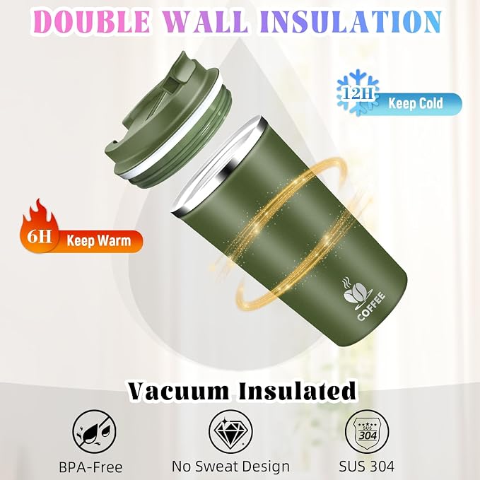 17oz Insulated Travel Coffee Mug with Flip Lid – Leakproof Stainless Steel Insulated Coffee Tumblers, Reuable Coffee Cup for Hot & Cold Drinks, Perfect for Camping & On-the-Go