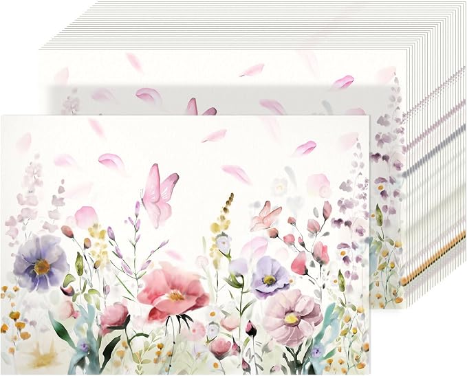 50 Pack Floral Disposable Paper Placemats Watercolor Table Mats | Wedding, Tea Party, Spring Holiday Dinner, Easter, Mother's Day Party Supplies