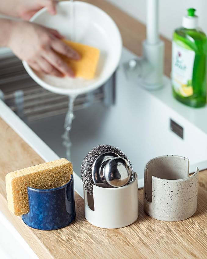 Zoeeker Kitchen Sponge Holder, Ceramic Sponge Organizer Scrubby Holder | Cute Sink Caddy Dish Brush Rack Kitchen Storage Accessories Sink Caddy for Bathroom Countertop, Farmhouse Kitchen Decor, Blue