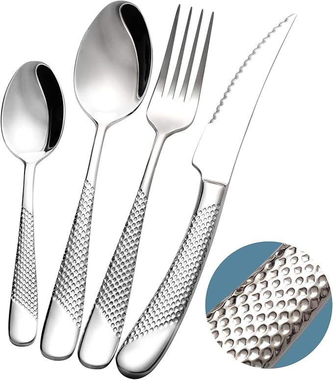 16-Piece Modern Hammered 18/10 Stainless Steel Silverware Set | Ultra Sharp 2-IN-1 Serrated Knives, Ergonomic Non-Slip Handles, Service for 4, Rust Resistant, Dishwasher Safe