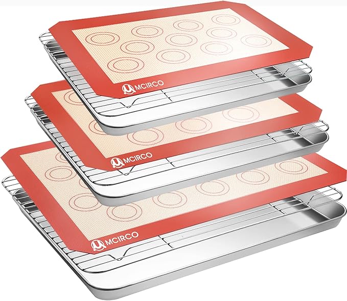 M MCIRCO Baking Sheet with Cooling Rack, Baking Mat Set, Set of 9 | Stainless Steel Cookie Pan with Cooling Rack, 3 Sheets + 3 Racks + 3 Mats, 10/12/16 Inch, Baking Pan, Easy Clean