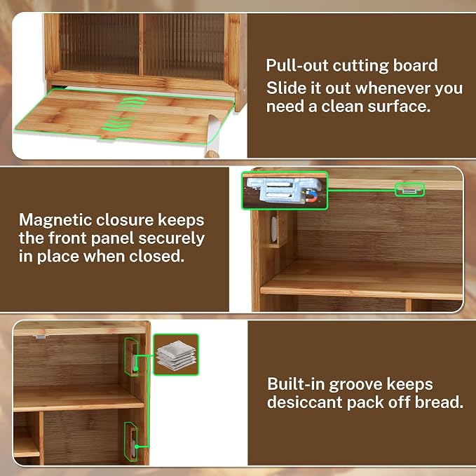 HOOMESUN Bread Box, Large Bread Storage Organizer for Kitchen Counter | Bamboo wood construction，Clear acrylic window，Farmhouse vintage style，Pantry and cabinet storage