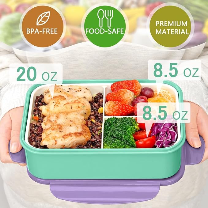 LOVINA Bento Boxes for Adults - 1100 ML Lunch Box Container For Kids Teens | Built-in Spoon & Fork - Durable for On-the-Go Meal, BPA-Free and Food-Safe Materials(Purple Green)