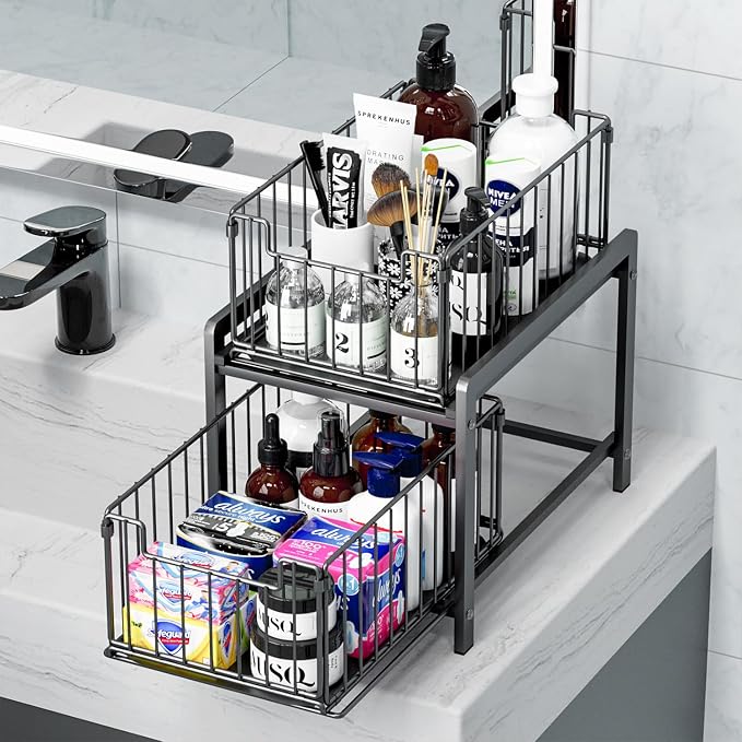 2-Tier Pull Out Cabinet Organizer, Slide Out Under Sink Organizer | Metal Cabinet Baskets with Mesh Sliding Drawer for Home, Office, Bathroom, Kitchen, Pantry Storage Shelf, Large Black
