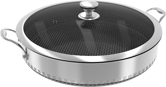 316L Stainless Steel 8QT Frying Pan Hex Nonstick Wok with Lid, Two Handle to Hold, PFOA Free, Dishwasher Oven Safe (8QT)