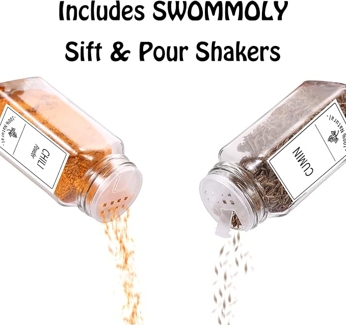SWOMMOLY 48 Pcs 4 oz Glass Spice Jars with Shaker Lids and 806 White Labels | Empty Square Spice Containers with Airtight Lids, Chalk Marker, Funnel - Seasoning Bottles for Spice Racks, Cabinets, Drawers