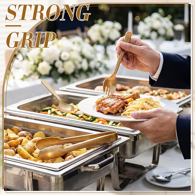 FoldTier 36 Pcs Disposable Plastic Serving Utensils Set Gold Serving Spoons Forks Tongs, Disposable Utensils for Party Weddings Birthday Dinner Buffets Banquets