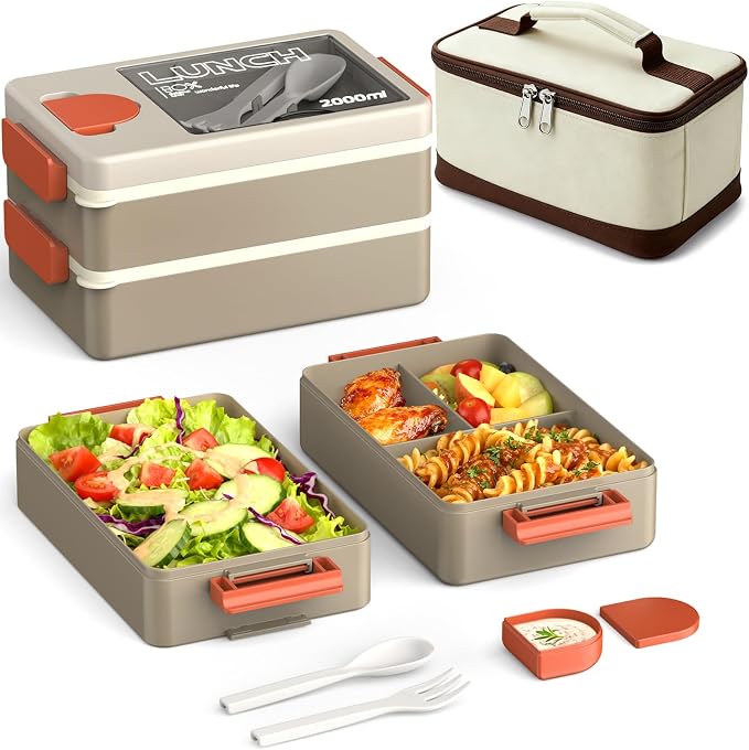 Sitlais Bento Box for Adults, 67oz 2-Layer Stackable Lunch Box with Bag | Leakproof, microwave safe and BPA-free; includes sauce cup and utensils for work, travel, gym and meal prep
