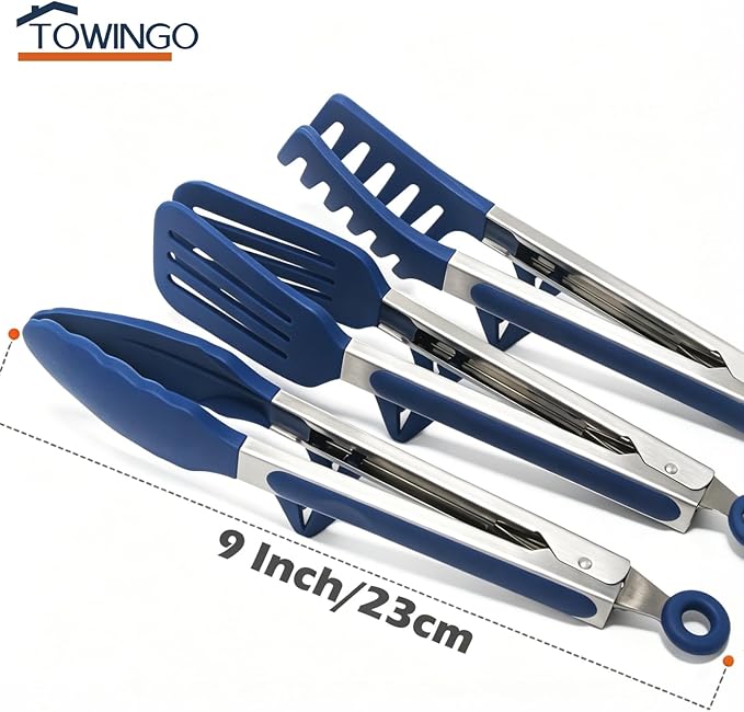 9" Kitchen Tongs for cooking with Silicone Tips, 3Pcs Serving Tongs, Blue | Small Silicone Tongs mit kickstand, Food Grade, 3 different type of tongs, Stainless Steel