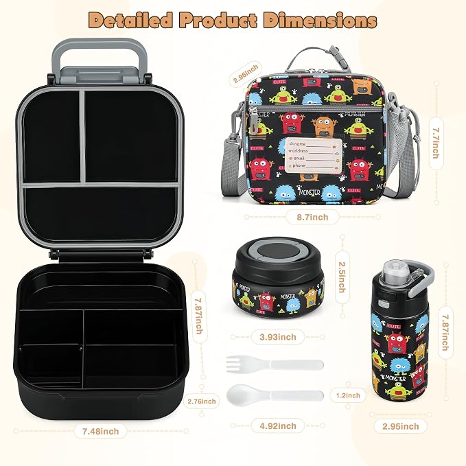 Bento Lunch Box for Kids with 7oz Soup Thermo,Insulated Stainless Steel Kids Water Bottle with Straw and Insulated Lunch Bag,Leak-Proof Lunch Food Container with Ice Pack for School(Black-Cute)