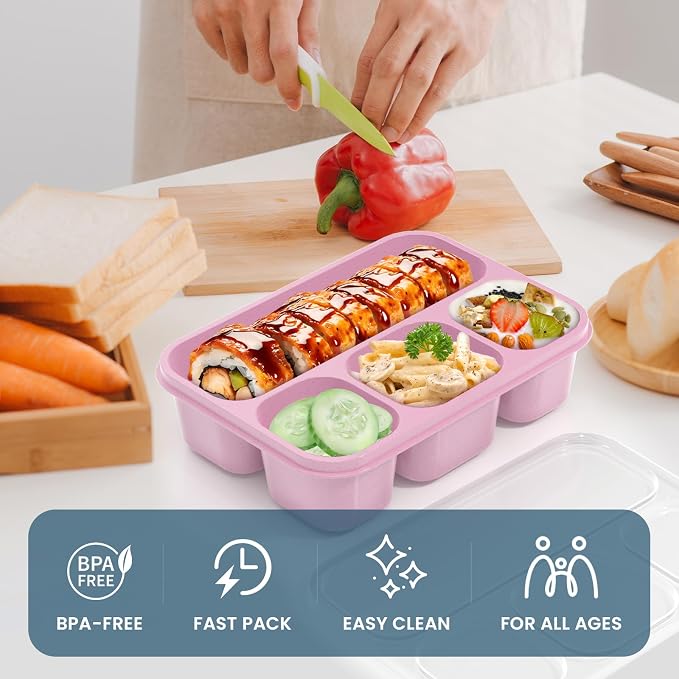 KHOXU Snackle Box Container, 4-Compartment Bento Lunch Box for Kids Women Men Adults, 44Oz/1300ML Meal Prep Boxes Reusable with 2 Sauce Containers & Utensils, 4 Pack (Wheat)