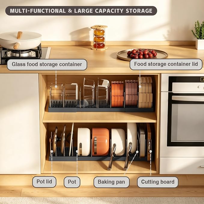 Magheo Pots and Pans Organizer Under Cabinet, Expandable 12.6"-22.8" Kitchen Cabinet Organizer Holder with 10 Adjustable Dividers for Food Storage Container Lid, Cookie Sheet, Cookware(1 Pack, Black)
