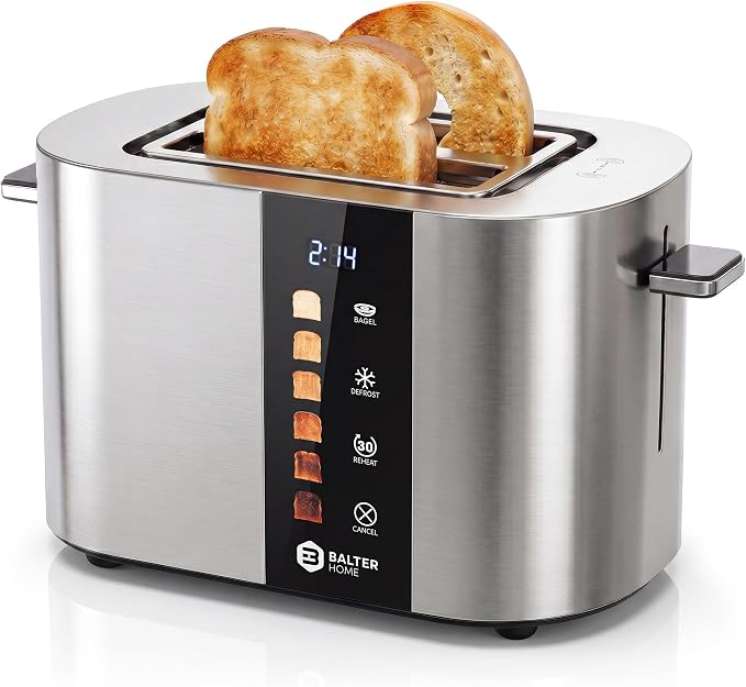 Balter Toaster 2 Slice, Bagel Function, Stainless Steel, Touch Screen, Built-in Rack, Extra-Wide 1.5" Slots for Thick Breads & Bagel, Timer, BPA-Free, Removable Tray