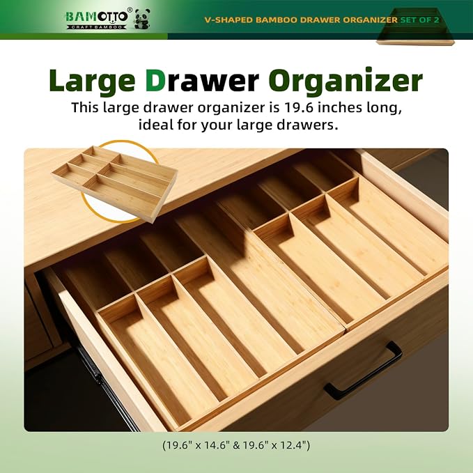 BAMOTTO CRAFTBAMBOO 13 Slot V-Shaped Bamboo Drawer Organizer Set of 2 | Cutlery Tray | Silverware & Flatware Organizer | Utensil | Kitchen & Bathroom | Extra Large 19.6"×14.6" & 19.6"×12.4"