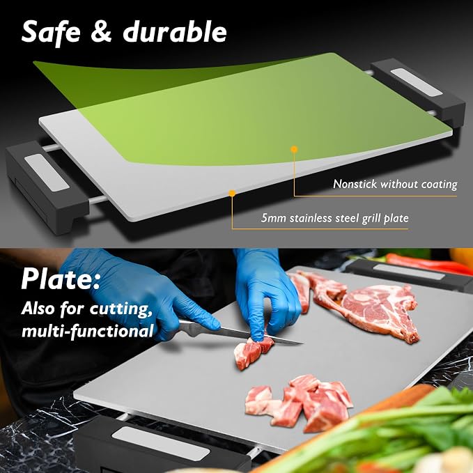 Electric Griddle, 14" Indoor Grill, Spatula & Fork Included | 536°F Max Temp, 5mm Stainless Steel Plates, Nonstick Flat Top Grill, Dishwasher-Safe