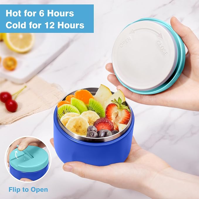 HOMEKOL Bento Lunch Box Set for Kids, Blue | with Stainless Steel Insulated Food Jar, Plastic Water Bottle, Bag and Silicone Spoon and Fork for Boys Girls