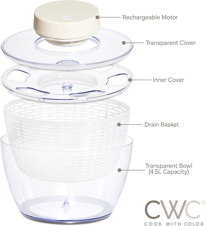 COOK WITH COLOR Electric Salad Spinner, Round 4.5L Capacity – Fast Drying & Easy Spin for Fresh Greens, Cream