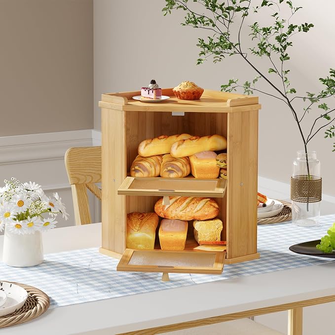 HOOBRO Bread Box, Corner Bread Box for Kitchen Countertop, 2-Tier Bamboo Bread Box, Food Storage Box, Bread Storage Container with Shelf, Bread Bin for Kitchen, Dining Room, Natural YL19MB01