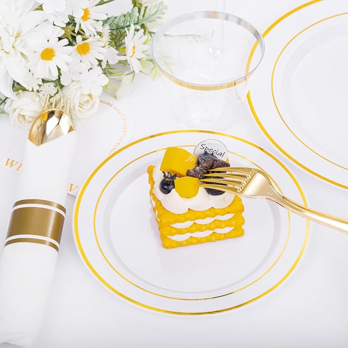 DaYammi 210PCS Gold Plastic Dinnerware Set Gold Plates Disposable Disposable Plates for Party Include: 30 Dinner Plates,30 Dessert Plates,30 Pre Rolled Napkins with Gold Silverware,30 Cups for Wedding