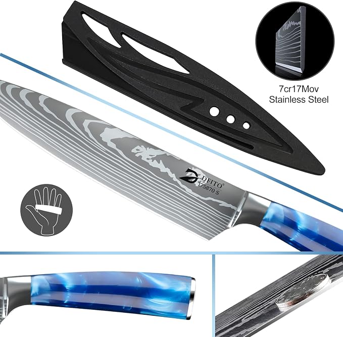 Chef Knife Sets with Roll Bag, 9 Pieces Professional Knife Set | High Carbon Stainless Steel Kitchen Chef Knife Set with Sharpener, Blue Resin Handle, Kitchen & Home Cooking, Dishwasher Safe