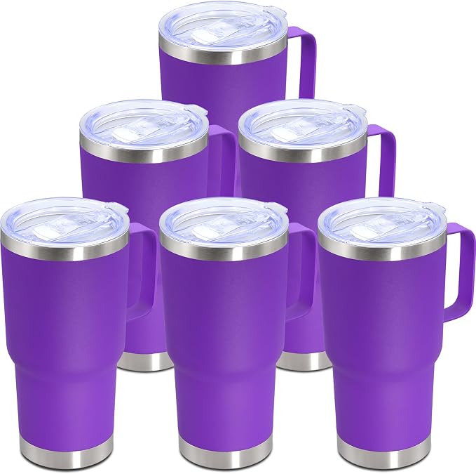 20 oz Tumbler with Handle Coffee Tumblers with Lid Travel Mug Purple 6P | 20oz Tumblers with Handle Double-Wall Insulated Vacuum Coffee Mugs Stainless Steel Tumbler with Handles&Lid Purple 6P